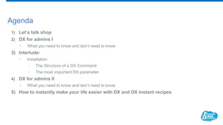 Agenda
1) Let’s talk shop
2) DX for admins I
• What you need to know and don’t need to know
3) Interlude:
• Installation
• The Structure of a DX Command
• The most important DX parameter
4) DX for admins II
• What you need to know and don’t need to know
5) How to instantly make your life easier with DX and DX instant recipes
 