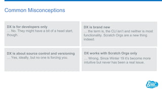 DX works with Scratch Orgs only
… Wrong. Since Winter 19 it’s become more
intuitive but never has been a real issue.
Common Misconceptions
DX is about source control and versioning
… Yes, ideally, but no one is forcing you.
DX is for developers only
… No. They might have a bit of a head start,
though.
DX is brand new
… the term is, the CLI isn’t and neither is most
functionality. Scratch Orgs are a new thing
indeed.
 