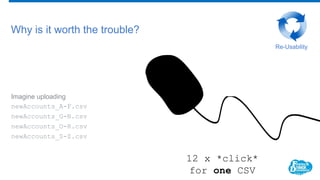 Imagine uploading
newAccounts_A-F.csv
newAccounts_G-N.csv
newAccounts_O-R.csv
newAccounts_S-Z.csv
Why is it worth the trouble?
12 x *click*
for one CSV
Re-Usability
 