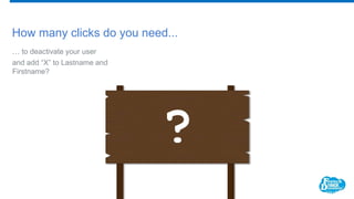 How many clicks do you need...
… to deactivate your user
and add “X” to Lastname and
Firstname?
?
 