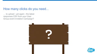 How many clicks do you need...
… to upload - yet again - the latest
responses CSV from your User
Group event invitation Campaign?
?
 
