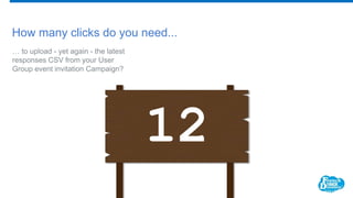 How many clicks do you need...
… to upload - yet again - the latest
responses CSV from your User
Group event invitation Campaign?
12
 