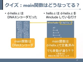 クイズ：main関数はどうなってる？
• d-helix.c は
DNAエンコーダだった
• hello.c は d-helix.c を
#include しているだけ
17
#include <stdio.h>
#define TA q=/*...