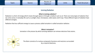 What is ionising radiation?
Radiation is a form of energy which moves through space or through a medium such as air. There are many types of radiation that
we come across in everyday life such as sunlight, heat, microwaves, radio waves and X-rays. These different types of radiation have
different energies.
Radiation that has sufficient energy to cause a process called ionisation is called ionisation radiation.
What is ionisation?
Ionisation is the process by which ionising radiation can remove electrons from atoms.
The Atom consists of a nucleus composed of protons and neutrons surrounded
by a cloud of electrons.
Types Source
Routes of
Exposure
Units Track Structure
Ionising Radiation
 