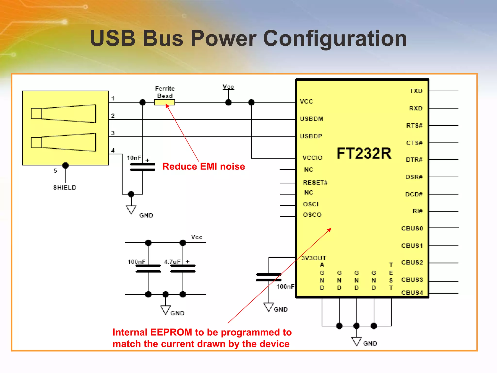 USB Bus Power Configuration Reduce EMI noise Internal EEPROM to be programmed to match the current drawn by the device 
