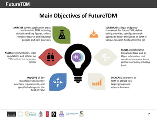 FutureTDM
7
ELABORATE a legal and policy
framework for future TDM, define
policy priorities, specify a research
agenda to ...