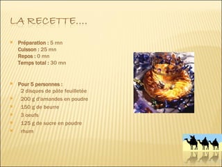Préparation :  5 mn  Cuisson :  25 mn  Repos :  0 mn  Temps total :  30 mn  Pour 5 personnes :     2 disques de pâte feuilletée     200 g d'amandes en poudre    150 g de beurre     3 oeufs     125 g de sucre en poudre   rhum     