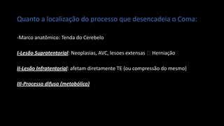 Quanto a localização do processo que desencadeia o Coma:
-Marco anatômico: Tenda do Cerebelo
I-Lesão Supratentorial: Neoplasias, AVC, lesoes extensas 🡪 Herniação
II-Lesão Infratentorial: afetam diretamente TE (ou compressão do mesmo)
III-Processo difuso (metabólico)
 