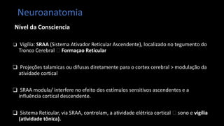 Neuroanatomia
Nível da Consciencia
❑ Vigília: SRAA (Sistema Ativador Reticular Ascendente), localizado no tegumento do
Tronco Cerebral 🡪 Formaçao Reticular
❑ Projeções talamicas ou difusas diretamente para o cortex cerebral > modulação da
atividade cortical
❑ SRAA modula/ interfere no efeito dos estímulos sensitivos ascendentes e a
influência cortical descendente.
❑ Sistema Reticular, via SRAA, controlam, a atividade elétrica cortical 🡪 sono e vigília
(atividade tônica).
 