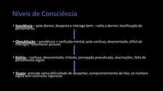 Níveis de Consciência
• Sonolência – pcte dorme, desperta e interage bem – volta a dormir; lentificação do
pensamento
• Obnubilação – sonolência + confusão mental; pcte confuso, desorientado, difícil de
interagir/ reconhecer pessoas
• Delírio – confuso, desorientado, irritado, percepção prejudicada, alucinações, falta de
pensamento lógico
• Torpor- precede coma;dificuldade de despertar, comprometimento de fala; só mantem
vigília com estímulos vigorosos
 