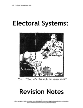 Unit 1: Electoral System Revision Notes




Electoral Systems:




              Revision Notes
                                                      1
    /home/pptfactory/temp/20100828214825/fteachinggovernmentpoliticsasgpnotebooklessonsunit1-revisionunit1-
                          electoralsystemsrevisionnotes-100828164823-phpapp01.doc
 