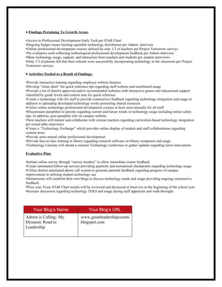 ♦ Findings Pertaining To Growth Areas:

▪Access to Professional Development-Early Tech per STaR Chart
▪Ongoing budget issues limiting equitable technology distribution per Admin. interview
▪Online professional development courses utilized by only 1/3 of teachers per Project Tomorrow surveys
▪No evaluative tools reflecting technological professional development feedback per Admin interview
▪More technology usage, support, and interaction from teachers and students per student interviews
▪Only 1/3 of parents felt that their schools were successfully incorporating technology in the classroom per Project
Tomorrow surveys

♦ Activities Needed as a Result of Findings:

▪Provide interactive training regarding employee website features
▪Develop “cheat sheet” for quick reference tips regarding staff website and smartboard usage
▪Provide a list of district approved and/or recommended websites with interactive games and educational support
classified by grade levels and content area for quick reference
▪Create a technology wiki for staff to provide constructive feedback regarding technology integration and usage in
addition to uploading developed technology works promoting shared resources
▪Utilize online technology professional development courses at least semi-annually for all staff
▪Disseminate pamphlets to parents regarding current and future trends in technology usage including online safety
tips. In addition, post pamphlet info on campus website.
▪New teachers will mentor and collaborate with veteran teachers regarding curriculum-based technology integration
per round table interviews
▪Create a “Technology Exchange” which provides online display of student and staff collaborations regarding
content areas
▪Provide semi-annual online professional development
▪Provide face-to-face training in library regarding research software on library computers and usage
▪Technology Liaisons will attend a summer Technology conference to gather updates regarding latest innovations

Evaluative Plan:

▪Initiate online survey through “survey monkey” to allow immediate course feedback
▪Create automated follow-up surveys providing quarterly and semiannual checkpoints regarding technology usage
▪Utilize district automated phone call system to generate parental feedback regarding progress of campus
improvement in utilizing student technology use
▪Homerooms will establish their own blogs to discuss technology needs and usage providing ongoing constructive
feedback.
▪Prior year Texas STaR Chart results will be reviewed and discussed at Inservice in the beginning of the school year.
▪Increase discussion regarding technology TEKS and usage during staff appraisals and walk-throughs.




     Your Blog’s Name                      Your Blog’s URL
Admin is Calling- My                  www.greatleadershipcounts
Dynamic Road to                      .blogspot.com
Leadership
 