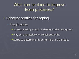 What can be done to improve team processes? Behavior profiles for coping. Tough battler. Is frustrated by a lack of identity in the new group. May act aggressively or reject authority. Seeks to determine his or her role in the group. 
