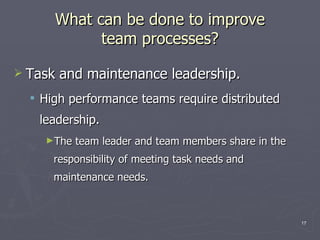 What can be done to improve team processes? Task and maintenance leadership. High performance teams require distributed leadership. The team leader and team members share in the responsibility of meeting task needs and maintenance needs. 