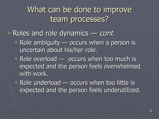 What can be done to improve team processes? Roles and role dynamics  —  cont . Role ambiguity  — o ccurs when a person is uncertain about his/her role. Role overload  —  o ccurs when too much is expected and the person feels overwhelmed with work. Role underload  — o ccurs when too little is expected and the person feels underutilized. 