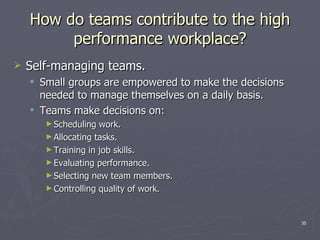 How do teams contribute to the high performance workplace? Self-managing teams. Small groups are empowered to make the decisions needed to manage themselves on a daily basis. Teams make decisions on: Scheduling work. Allocating tasks. Training in job skills. Evaluating performance. Selecting new team members. Controlling quality of work. 