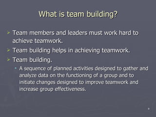 What is team building? Team members and leaders must work hard to achieve teamwork. Team building helps in achieving teamwork. Team building. A sequence of planned activities designed to gather and analyze data on the functioning of a group and to initiate changes designed to improve teamwork and increase group effectiveness. 