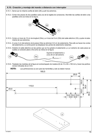 6.10.- Creación y montaje del mando a distancia con interruptor
6.10.1.- Serrar por la mitad la varilla de latón (28) y pulir los extremos.

6.10.2.- Cortar dos piezas de dos pastillas cada una de la regleta de conexiones. Atornillar las varillas de latón a las
         pastillas como se indica en la figura.



                                 32                        28


                                                                              32



6.10.3.- Cortar un trozo de 10 cm de longitud (33a) y un trozo de 8 cm (33b) del cable eléctrico (33) y quitar el aisla-
         miento de sus extremos.
6.10.4.- A unos 2 cm del extremo de la pieza (33a) se eliminan 0,5 cm de aislamiento. Para ello se hacen los cortes
         del aislamiento y a continuación se desplazan las partes de aislamiento restantes.
6.10.5.- Estañar el cable eléctrico en las partes que se ha quitado el aislamiento y a un extremo de cada pieza se
         suelda un conector plano (19) como se indica en la figura
                                                            Suprimir el aislamiento a
                                                            unos 20 cm del extremo
     19                                   33a                                               33b                    19


6.10.6.- Trasladar las medidas de la figura al contrachapado de madera (6) de 10 x 60 x 160 mm y hacer las perfora-
         ciones indicadas de ø 2 mm.
        NOTA:       Las perforaciones (x) son para las hembrillas y solo se deben marcar.
                                                  160,0
                                                                                                  20,0


                                                                                                          10,0

                                 110,0                                                                           30,0
    20,0
                                                                                                          10,0


                                                                                                                        60,0


                                                                                        10,0 10,0 10,0




                                                                                   6




S101887#1
                                                                                                                         15
 