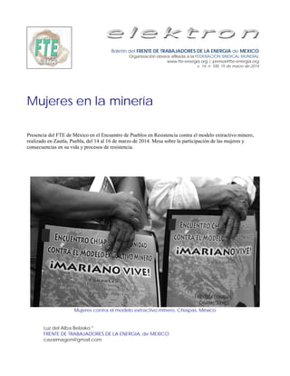 Boletín del FRENTE DE TRABAJADORES DE LA ENERGIA de MEXICO
Organización obrera afiliada a la FEDERACION SINDICAL MUNDIAL
www.fte-energia.org | prensa@fte-energia.org
v. 14, n. 100, 15 de marzo de 2014
Mujeres en la minería
Presencia del FTE de México en el Encuentro de Pueblos en Resistencia contra el modelo extractivo minero,
realizado en Zautla, Puebla, del 14 al 16 de marzo de 2014. Mesa sobre la participación de las mujeres y
consecuencias en su vida y procesos de resistencia.
Mujeres contra el modelo extractivo minero, Chiapas, México
Luz del Alba Belasko *
FRENTE DE TRABAJADORES DE LA ENERGIA, de MEXICO
cazaimagen@gmail.com
 