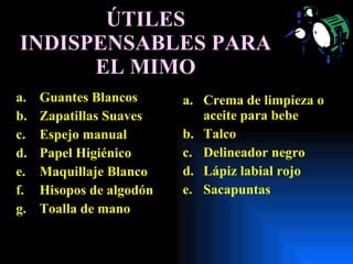 ÚTILES INDISPENSABLES PARA EL MIMO Guantes Blancos Zapatillas Suaves Espejo manual Papel Higiénico Maquillaje Blanco Hisopos de algodón Toalla de mano Crema de limpieza o aceite para bebe Talco Delineador negro Lápiz labial rojo Sacapuntas 
