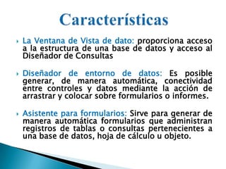 CaracterísticasLa Ventana de Vista de dato: proporciona acceso a la estructura de una base de datos y acceso al Diseñador de ConsultasDiseñador de entorno de datos: Es posible generar, de manera automática, conectividad entre controles y datos mediante la acción de arrastrar y colocar sobre formularios o informes.Asistente para formularios: Sirve para generar de manera automática formularios que administran registros de tablas o consultas pertenecientes a una base de datos, hoja de cálculo u objeto.