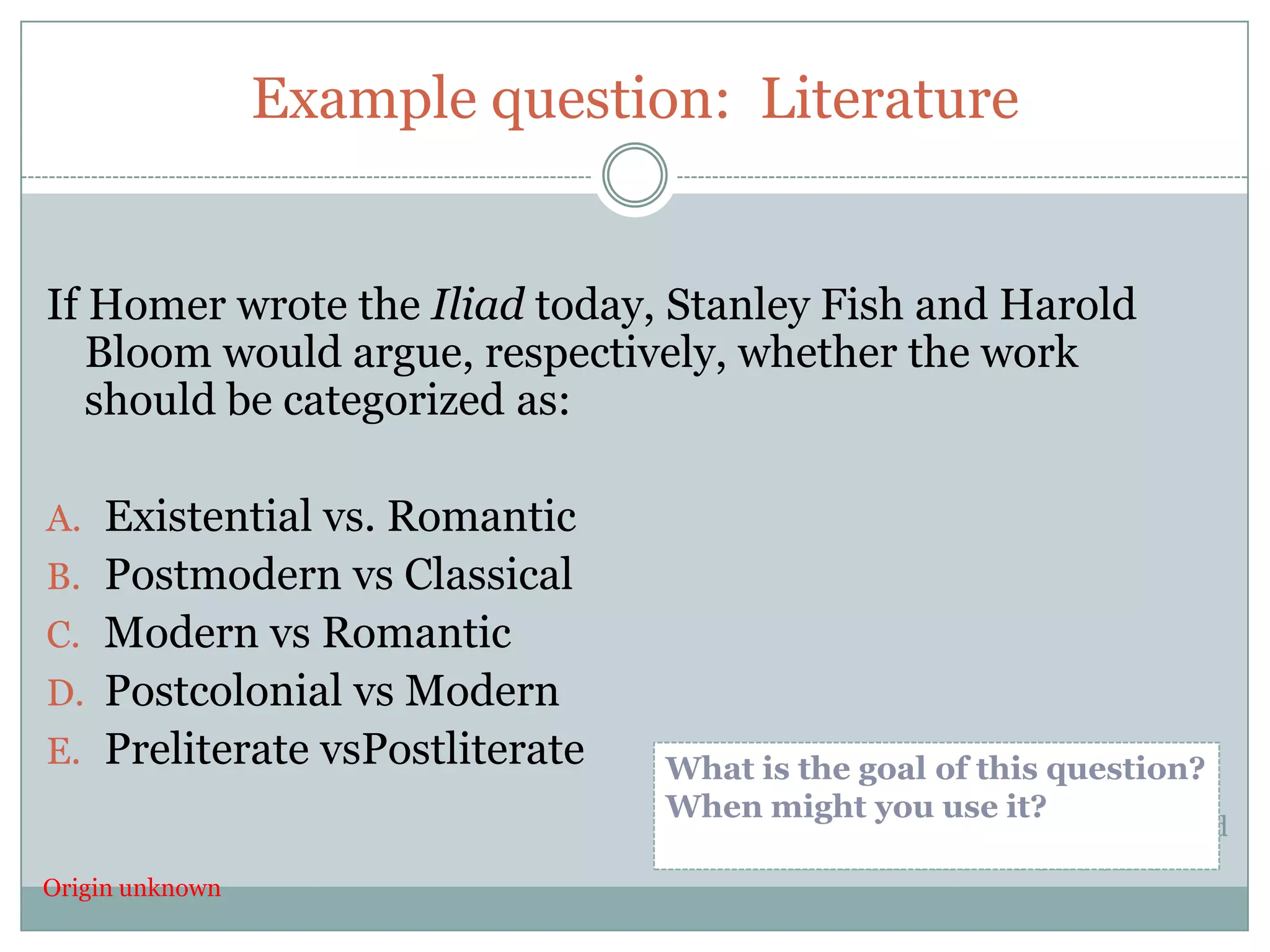 Example question: Literature


If Homer wrote the Iliad today, Stanley Fish and Harold
   Bloom would argue, respectively, whether the work
   should be categorized as:

A. Existential vs. Romantic
B. Postmodern vs Classical
C. Modern vs Romantic
D. Postcolonial vs Modern
E. Preliterate vsPostliterate   What is the goal of this question?
                                When might you use it?
                                   The Technology Enhanced Learning and
                                        Research center at Ohio State
Origin unknown
 