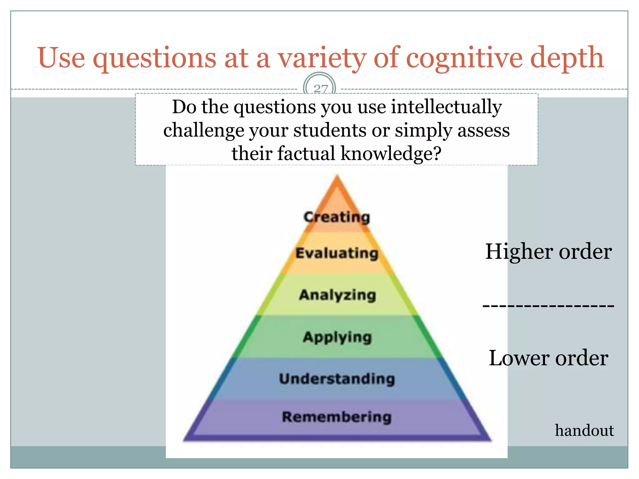 Use questions at a variety of cognitive depth
                           27
           Do the questions you use intellectually
          challenge your students or simply assess
                  their factual knowledge?




                                               Higher order

                                              ----------------

                                               Lower order


                                                      handout
 