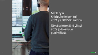 .fi
MIELI ry:n
Kriisipuhelimeen tuli
2021 yli 309 500 soittoa.
Tämä soittomäärä ylittyi
2022 jo lokakuun
puolivälissä.
2.1...