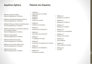 Δημόσιες Σχέσεις
• Μάθημα 1:Δημόσιες Σχέσεις
Πρακτική Εφαρμογή με 2 Ασκήσεις
• Μάθημα 2:Πρόγραμμα Δημοσίων Σχέσεων
Πρακτική Εφαρμογή με 2 Ασκήσεις
• Μάθημα 3:Έλεγχος, Ανάλυση, Αποτελεσμάτων
Πρακτική Εφαρμογή με 2 Ασκήσεις
• Μάθημα 4:Διακρίσεις των Δημοσίων Σχέσεων
από συναφείς εργασίες
Πρακτική Εφαρμογή με 2 Ασκήσεις
• Μάθημα 5:Προπαγάνδα
Πρακτική Εφαρμογή με 2 Ασκήσεις
• Μάθημα 6:Μέσα Επικοινωνίας
Πρακτική Εφαρμογή με 2 Ασκήσεις
• Μάθημα 7:Συνέντευξη, Δελτίο Τύπου
Πρακτική Εφαρμογή με 2 Ασκήσεις
• Μάθημα 8:Franchising
Πρακτική Εφαρμογή με 2 Ασκήσεις
1
• Μάθημα 1:
• Χειρονομίες με την Παλάμη
• Μάθημα 2:
• Χειραψίες
• Μάθημα 3:
• Κινήσεις με τα χέρια
• Μάθημα 4:
• Επιδείξεις του αντίχειρα
• Μάθημα 5:
• Χειρονομίες στο πρόσωπο Α
• Μάθημα 6:
• Χειρονομίες στο πρόσωπο Β
• Μάθημα 7:
• Το τράβηγμα του γιακά
• Μάθημα 8:
• Χειρονομίες στο μάγουλο και το σαγόνι
• Μάθημα 9:
• Φραγμοί με τους βραχίονες
• Μάθημα 10:
• Σταύρωμα των χεριών
• Μάθημα 11:
• Φραγμοί με τα πόδια Α
• Μάθημα 12:
• Φραγμοί με τα πόδια Β
• Μάθημα 13:
• Φραγμοί με τα πόδια Γ
• Μάθημα 14:
• Σταύρωμα των αστραγάλων
• Μάθημα 15:
• Κλείδωμα των ποδιών
• Μάθημα 16:
• Θέση κεφαλιού
• Μάθημα 17:
• Θέση κεφαλιού με γυαλιά
• Μάθημα 18:
• Οι ματιές
Γλώσσα του Σώματος
 