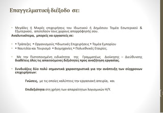 Επαγγελματικήδιέξοδο σε:
• Μεγάλες ή Μικρές επιχειρήσεις του Ιδιωτικού ή Δημόσιου Τομέα Εσωτερικού &
Εξωτερικού, αποτελούν τους χώρους απορρόφησής σου.
Αναλυτικότερα, μπορείς να εργαστείς σε:
•  Τράπεζες  Οργανισμούς Ιδιωτικές Επιχειρήσεις  Τομέα Εμπορίου
•  Ναυτιλία και Τουρισμό  Βιομηχανίες  Πολυεθνικές Εταιρίες.
• Με την Πιστοποιημένη ειδικότητα της Γραμματέως Διοίκησης – Διεύθυνσης
διαθέτεις όλες τις απαιτούμενες δεξιότητες προς αναζήτηση εργασίας.
• Συνδυάζεις δύο πολύ σημαντικά χαρακτηριστικά για την ανάπτυξη των σύγχρονων
επιχειρήσεων:
Γνώσεις, με τις οποίες καλύπτεις την εργασιακή απειρία, και
Επιδεξιότητα στη χρήση των απαραίτητων λογισμικών Η/Υ.
3
 