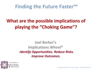 Finding the Future Faster™

What are the possible implications of
  playing the “Choking Game”?

              Joel Barker’s
           Implications Wheel®
      Identify Opportunities. Reduce Risks.
               Improve Outcomes.

                               ©
                                   Copyright, 2005-2012, Joel A. Barker. All Rights Reserved.
 