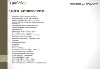 Τι μαθαίνω:
Ά Μέρος : Λογιστική Επιστήμη.
• Θεμελιώδεις έννοιες Λογιστικής επιστήμης
• Θεωρία Λογιστικής –Γενικές Αρχές Λογιστικής
• Ανάλυση & Εφαρμογή Ε.Λ.Π και Ε.Γ.Λ.Σ - Φ.Π.Α –
• Κλείσιμο Ισολ/μου – Φορολογία – Χρηματοοικονομικές
Καταστάσεις
• Λογιστική Επιχειρήσεων Παροχής Υπηρεσιών
• Πρακτικά γραφεία με Έντυπα Λογιστηρίου
• Λογιστική Φ.Π.Α.
• Εφαρμογές με βάση το Λογιστικό Σχέδιο
• Λογιστική Εμπορικών Επιχειρήσεων
• Εμπορική Κοστολόγηση – Μέθοδοι αποτίμησης
• Φόρος Προστιθέμενης Αξίας Φ.Π.Α.
• Μισθοδοσία Προσωπικού & Εργασιακές Σχέσεις
• Γραμμάτια
• Επισφαλείς Απαιτήσεις
• Χρεόγραφα
• Συνάλλαγμα
• Λογαριασμοί Τάξεως
• Λογιστική εταιρειών – Ο.Ε. & Ε.Π.Ε. & Ε.Ε. & Α.Ε.
• Συγκεντρωτικό Σύστημα εγγράφων
• Δηλώσεις Φορολογίας Εισοδήματος Γ’
• Φ.Π.Α. Περιοδίες & Εκκαθαριστική
• ΕΝΗΜΕΡΩΣΗ Βιβλίου Αγορών
• ΕΝΗΜΕΡΩΣΗ Βιβλίου Εσόδων – Εξόδων
• Δηλώσεις Φορολογίας Εισοδήματος Β’
• Δηλώσεις Φορολογίας Εισοδήματος Ατομικής Επιχείρησης
7
ΛΟΓΙΣΤΙΚΗ γιαΑΡΧΑΡΙΟΥΣ
 