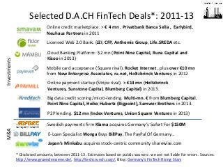 3 
Selected D.A.CH FinTech Deals*: 2011-13 
Mobile card acceptance (Square rival). Rocket Internet , plus over €10 mn from New Enterprise Associates, ru.net, Holtzbrinck Ventures in 2012 
Cloud Banking Platform: $2 mn (Point Nine Capital, Runa Capital and Kizoo in 2013) 
Online payment startup (Stripe rival). > €14 mn (Holtzbrinck Ventures, Sunstone Capital, Blumberg Capital) in 2013. 
P2P lending. $12 mn (Index Ventures, Union Square Ventures in 2013) 
* Disclosed amounts, between 2011-13. Estimates based on public sources : we are not liable for errors. Sources: http://www.gruenderszene.de/, http://techcrunch.com/, Blog: Germany’s FinTech Rising Stars 
Big data credit scoring/micro-lending. Multi-mn. € from Blumberg Capital, Point Nine Capital, Heiko Hubertz (Bigpoint), Samwer Brothers in 2013. 
Licensed Web 2.0 Bank. (JZI, CFP, Anthemis Group, Life.SREDA etc. 
Online credit marketplace. > € 4 mn . Privatbank Banca Sella , Earlybird, Neuhaus Partners in 2011 
Swedish payments firm Klarna acquires Germany’s Sofort For $150M 
E-Loan Specialist Wonga Buys BillPay, The PayPal Of Germany… 
Japan‘s Minkabu acquires stock-centric community sharewise.com 
Investments 
M&A  