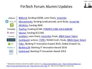 6 
FinTech Forum Alumni Updates 
BitBond: funding €200K; semi-finals, Innotribe 
Moneymeets: funding (undisclosed); semi-finals, Innotribe 
Wikifolio: funding €6M 
TraxPay: funding €15M. PYMNTS.COM 2014 AWARD 
Vaamo: funding (€2.5M) 
Lendstar: semi-finals, Innotribe; finals, BBVA Open Talent 
Cashboard: winner, 7VPD / NOAH Conf.; finals, BBVA Open Talent 
Fidor: Banking IT Innovation Award 2014, Global Growth Co. 
Bankless24: Banking IT Innovation Award 2014 
Cashcloud: Banking IT Innovation Award 2014 
* Disclosed amounts, based on public sources e.g. http://venturebeat.com/ , http://venturevillage.eu/, http://www.gruenderszene.de/, http://techcrunch.com/ etc. We are not liable for any errors.  