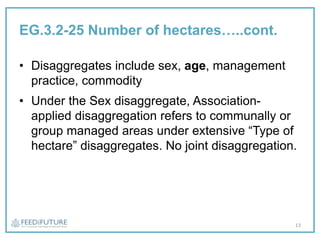 EG.3.2-25 Number of hectares…..cont.
• Disaggregates include sex, age, management
practice, commodity
• Under the Sex disaggregate, Association-
applied disaggregation refers to communally or
group managed areas under extensive “Type of
hectare” disaggregates. No joint disaggregation.
13
 
