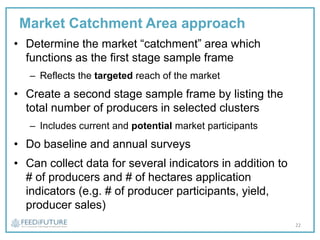 Market Catchment Area approach
• Determine the market “catchment” area which
functions as the first stage sample frame
– Reflects the targeted reach of the market
• Create a second stage sample frame by listing the
total number of producers in selected clusters
– Includes current and potential market participants
• Do baseline and annual surveys
• Can collect data for several indicators in addition to
# of producers and # of hectares application
indicators (e.g. # of producer participants, yield,
producer sales)
22
 
