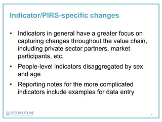 Indicator/PIRS-specific changes
• Indicators in general have a greater focus on
capturing changes throughout the value chain,
including private sector partners, market
participants, etc.
• People-level indicators disaggregated by sex
and age
• Reporting notes for the more complicated
indicators include examples for data entry
6
 