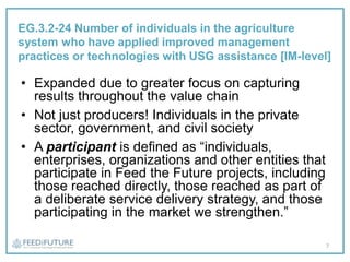 EG.3.2-24 Number of individuals in the agriculture
system who have applied improved management
practices or technologies with USG assistance [IM-level]
• Expanded due to greater focus on capturing
results throughout the value chain
• Not just producers! Individuals in the private
sector, government, and civil society
• A participant is defined as “individuals,
enterprises, organizations and other entities that
participate in Feed the Future projects, including
those reached directly, those reached as part of
a deliberate service delivery strategy, and those
participating in the market we strengthen.”
7
 