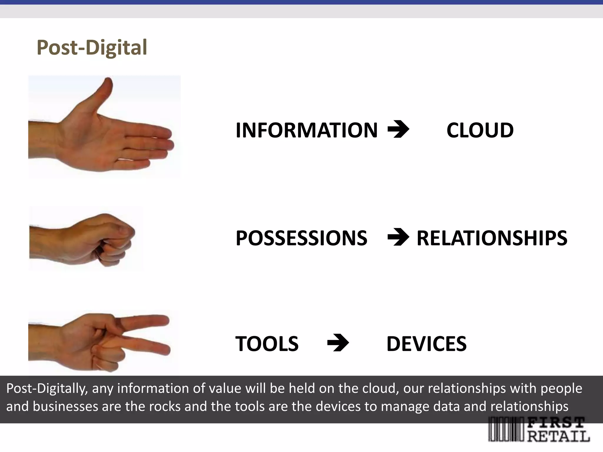 Post-Digital


                                      INFORMATION                        CLOUD



                                      POSSESSIONS  RELATIONSHIPS



                                      TOOLS                   DEVICES
Post-Digitally, any information of value will be held on the cloud, our relationships with people
and businesses are the rocks and the tools are the devices to manage data and relationships
 
