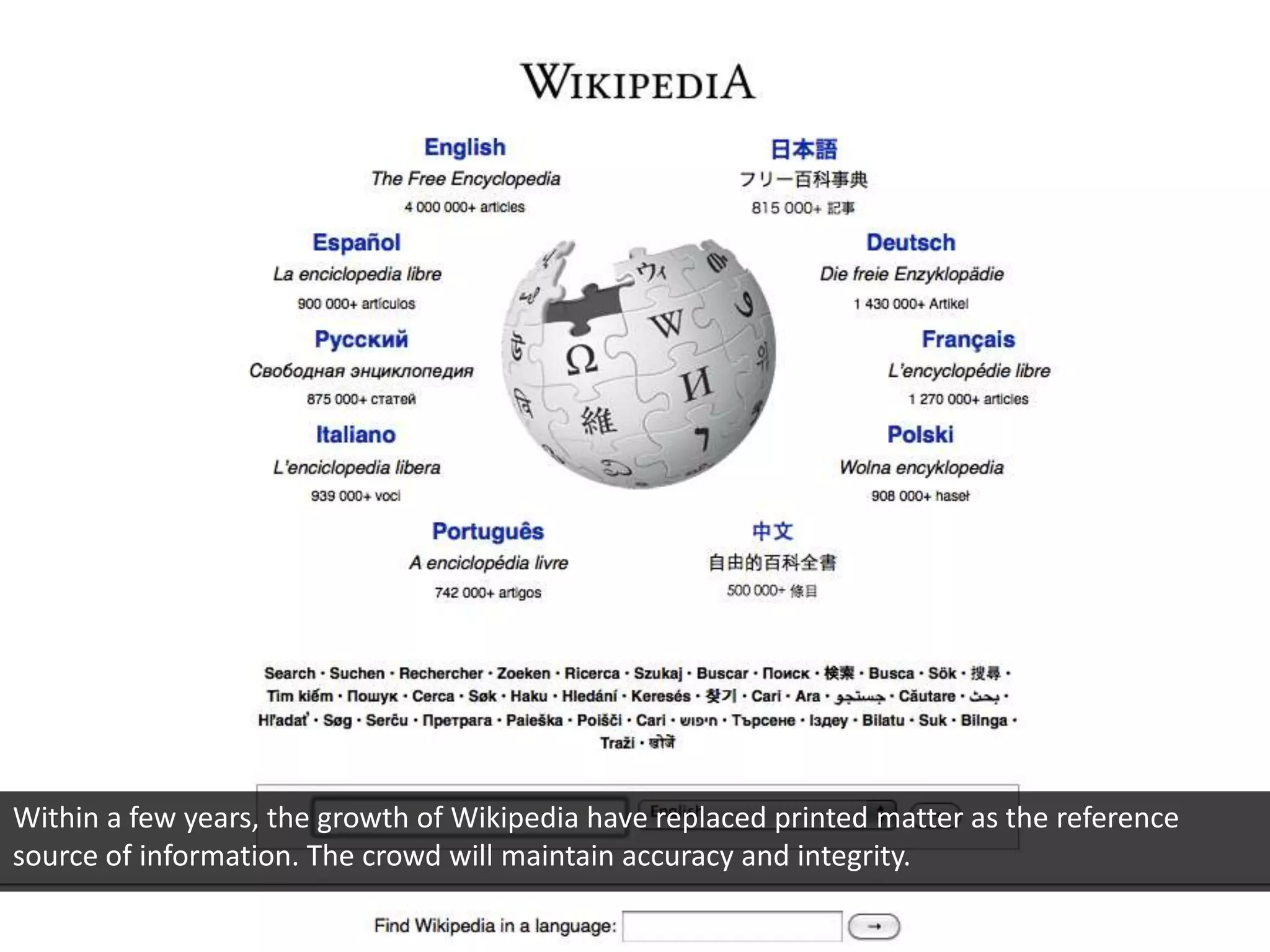 Within a few years, the growth of Wikipedia have replaced printed matter as the reference
source of information. The crowd will maintain accuracy and integrity.
 