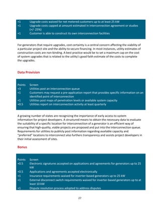 +1	
  
+1	
  
+1	
  

Upgrade	
  costs	
  waived	
  for	
  net	
  metered	
  customers	
  up	
  to	
  at	
  least	
  25	
  kW	
  
Upgrade	
  costs	
  capped	
  at	
  amount	
  estimated	
  in	
  interconnection	
  agreement	
  or	
  studies	
  	
  
(+/-­‐	
  25%)	
  
Customer	
  is	
  able	
  to	
  construct	
  its	
  own	
  interconnection	
  facilities	
  
	
  

	
  
For	
  generators	
  that	
  require	
  upgrades,	
  cost	
  certainty	
  is	
  a	
  central	
  concern	
  affecting	
  the	
  viability	
  of	
  
a	
  particular	
  project	
  site	
  and	
  the	
  ability	
  to	
  secure	
  financing.	
  In	
  most	
  instances,	
  utility	
  estimates	
  of	
  
construction	
  costs	
  are	
  non-­‐binding.	
  A	
  best	
  practice	
  would	
  be	
  to	
  set	
  a	
  maximum	
  cap	
  on	
  the	
  cost	
  
of	
  system	
  upgrades	
  that	
  is	
  related	
  to	
  the	
  utility’s	
  good	
  faith	
  estimate	
  of	
  the	
  costs	
  to	
  complete	
  
the	
  upgrades.	
  
	
  
	
  

Data	
  Provision	
  
	
  
	
  
Points	
  
+3	
  
+1	
  
+1	
  
+0.5	
  

	
  
Screen	
  
Utilities	
  post	
  an	
  interconnection	
  queue	
  
Customers	
  may	
  request	
  a	
  pre-­‐application	
  report	
  that	
  provides	
  specific	
  information	
  on	
  an	
  
identified	
  point	
  of	
  interconnection	
  
Utilities	
  post	
  maps	
  of	
  penetration	
  levels	
  or	
  available	
  system	
  capacity	
  
Utilities	
  report	
  on	
  interconnection	
  activity	
  at	
  least	
  quarterly	
  
	
  

	
  
A	
  growing	
  number	
  of	
  states	
  are	
  recognizing	
  the	
  importance	
  of	
  early	
  access	
  to	
  system	
  
information	
  for	
  project	
  developers.	
  A	
  structured	
  means	
  to	
  obtain	
  the	
  necessary	
  data	
  to	
  evaluate	
  
the	
  suitability	
  of	
  a	
  specific	
  location	
  for	
  interconnection	
  of	
  a	
  generator	
  is	
  an	
  efficient	
  way	
  of	
  
ensuring	
  that	
  high-­‐quality,	
  viable	
  projects	
  are	
  proposed	
  and	
  put	
  into	
  the	
  interconnection	
  queue.	
  
Requirements	
  for	
  utilities	
  to	
  publicly	
  post	
  information	
  regarding	
  available	
  capacity	
  and	
  
“preferred”	
  locations	
  to	
  interconnect	
  also	
  furthers	
  transparency	
  and	
  assists	
  project	
  developers	
  in	
  
their	
  initial	
  assessment	
  of	
  sites.	
  
	
  

Bonus	
  
	
  
	
  
Points	
  
+0.5	
  
+0.5	
  
+1	
  
+1	
  
+1	
  
	
  

	
  
Screen	
  
Electronic	
  signatures	
  accepted	
  on	
  applications	
  and	
  agreements	
  for	
  generators	
  up	
  to	
  25	
  
kW	
  
Applications	
  and	
  agreements	
  accepted	
  electronically	
  
Insurance	
  requirements	
  waived	
  for	
  inverter-­‐based	
  generators	
  up	
  to	
  25	
  kW	
  
External	
  disconnect	
  switch	
  requirements	
  waived	
  for	
  inverter-­‐based	
  generators	
  up	
  to	
  at	
  
least	
  10	
  kW	
  
Dispute	
  resolution	
  process	
  adopted	
  to	
  address	
  disputes	
  
27	
  

 