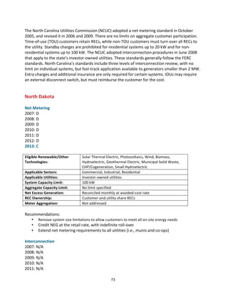 The	
  North	
  Carolina	
  Utilities	
  Commission	
  (NCUC)	
  adopted	
  a	
  net	
  metering	
  standard	
  in	
  October	
  
2005,	
  and	
  revised	
  it	
  in	
  2006	
  and	
  2009.	
  There	
  are	
  no	
  limits	
  on	
  aggregate	
  customer	
  participation.	
  
Time-­‐of-­‐use	
  (TOU)	
  customers	
  retain	
  RECs,	
  while	
  non-­‐TOU	
  customers	
  must	
  turn	
  over	
  all	
  RECs	
  to	
  
the	
  utility.	
  Standby	
  charges	
  are	
  prohibited	
  for	
  residential	
  systems	
  up	
  to	
  20	
  kW	
  and	
  for	
  non-­‐
residential	
  systems	
  up	
  to	
  100	
  kW.	
  The	
  NCUC	
  adopted	
  interconnection	
  procedures	
  in	
  June	
  2008	
  
that	
  apply	
  to	
  the	
  state’s	
  investor-­‐owned	
  utilities.	
  These	
  standards	
  generally	
  follow	
  the	
  FERC	
  
standards.	
  North	
  Carolina’s	
  standards	
  include	
  three	
  levels	
  of	
  interconnection	
  review,	
  with	
  no	
  
limit	
  on	
  individual	
  systems,	
  but	
  fast-­‐track	
  application	
  available	
  to	
  generators	
  smaller	
  than	
  2	
  MW.	
  
Extra	
  charges	
  and	
  additional	
  insurance	
  are	
  only	
  required	
  for	
  certain	
  systems.	
  IOUs	
  may	
  require	
  
an	
  external	
  disconnect	
  switch,	
  but	
  must	
  reimburse	
  the	
  customer	
  for	
  the	
  cost.	
  
	
  
	
  

North	
  Dakota	
  
	
  
Net	
  Metering	
  
2007:	
  D	
  
2008:	
  D	
  
2009:	
  D	
  
2010:	
  D	
  
2011:	
  D	
  
2012:	
  D	
  
2013:	
  C	
  
	
  

Eligible	
  Renewable/Other	
  
Technologies:	
  
Applicable	
  Sectors:	
  
Applicable	
  Utilities:	
  
System	
  Capacity	
  Limit:	
  
Aggregate	
  Capacity	
  Limit:	
  
Net	
  Excess	
  Generation:	
  
REC	
  Ownership:	
  
Meter	
  Aggregation:	
  

Solar	
  Thermal	
  Electric,	
  Photovoltaics,	
  Wind,	
  Biomass,	
  
Hydroelectric,	
  Geothermal	
  Electric,	
  Municipal	
  Solid	
  Waste,	
  
CHP/Cogeneration,	
  Small	
  Hydroelectric	
  
Commercial,	
  Industrial,	
  Residential	
  
Investor-­‐owned	
  utilities	
  
100	
  kW	
  
No	
  limit	
  specified	
  
Reconciled	
  monthly	
  at	
  avoided-­‐cost	
  rate	
  
Customer	
  and	
  utility	
  share	
  RECs	
  
Not	
  addressed	
  

	
  
Recommendations:	
  
•
•
•

Remove	
  system	
  size	
  limitations	
  to	
  allow	
  customers	
  to	
  meet	
  all	
  on-­‐site	
  energy	
  needs	
  

Credit	
  NEG	
  at	
  the	
  retail	
  rate,	
  with	
  indefinite	
  roll-­‐over	
  
Extend	
  net	
  metering	
  requirements	
  to	
  all	
  utilities	
  (i.e.,	
  munis	
  and	
  co-­‐ops)	
  

	
  
Interconnection	
  
2007:	
  N/A	
  
2008:	
  N/A	
  
2009:	
  N/A	
  
2010:	
  N/A	
  
2011:	
  N/A	
  
	
  

73	
  

 