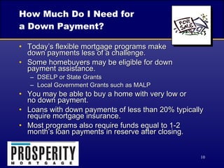 How Much Do I Need for a Down Payment? Today’s flexible mortgage programs make  down payments less of a challenge. Some homebuyers may be eligible for down  payment assistance.  DSELP or State Grants Local Government Grants such as MALP You may be able to buy a home with very low or  no down payment. Loans with down payments of less than 20% typically require mortgage insurance. Most programs also require funds equal to 1-2 month’s loan payments in reserve after closing. 