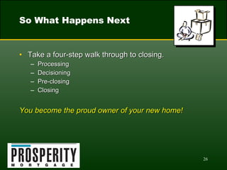 So What Happens Next Take a four-step walk through to closing. Processing Decisioning Pre-closing Closing You become the proud owner of your new home! 