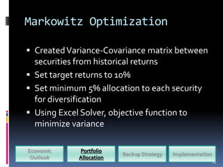 Markowitz Optimization

 Created Variance-Covariance matrix between
  securities from historical returns
 Set target returns to 10%
 Set minimum 5% allocation to each security
  for diversification
 Using Excel Solver, objective function to
  minimize variance

Economic     Portfolio
                          Backup Strategy   Implementation
 Outlook     Allocation
                                                             14
 