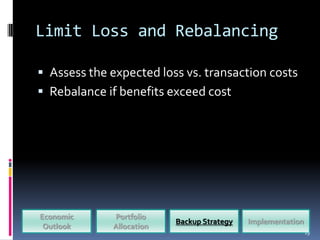 Limit Loss and Rebalancing

 Assess the expected loss vs. transaction costs
 Rebalance if benefits exceed cost




Economic     Portfolio
                          Backup Strategy   Implementation
 Outlook     Allocation
                                                             19
 