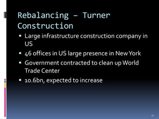 Rebalancing – Turner
Construction
 Large infrastructure construction company in
  US
 46 offices in US large presence in New York
 Government contracted to clean up World
  Trade Center
 10.6bn, expected to increase




                                                 27
 