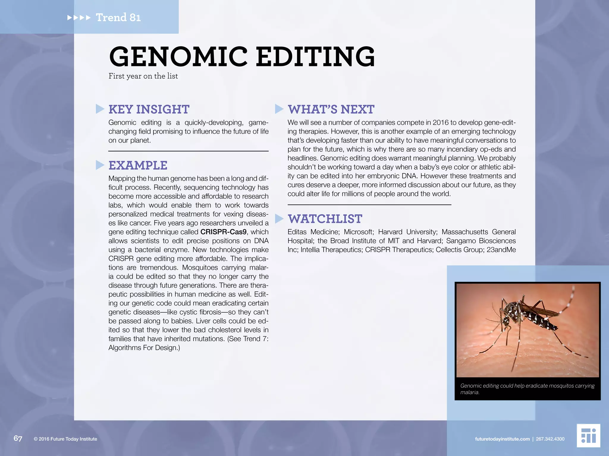 Trend 81
KEY INSIGHT
Genomic editing is a quickly-developing, game-
changing field promising to influence the future of life
on our planet.
EXAMPLE
Mapping the human genome has been a long and dif-
ficult process. Recently, sequencing technology has
become more accessible and affordable to research
labs, which would enable them to work towards
personalized medical treatments for vexing diseas-
es like cancer. Five years ago researchers unveiled a
gene editing technique called CRISPR-Cas9, which
allows scientists to edit precise positions on DNA
using a bacterial enzyme. New technologies make
CRISPR gene editing more affordable. The implica-
tions are tremendous. Mosquitoes carrying malar-
ia could be edited so that they no longer carry the
disease through future generations. There are thera-
peutic possibilities in human medicine as well. Edit-
ing our genetic code could mean eradicating certain
genetic diseases––like cystic fibrosis––so they can’t
be passed along to babies. Liver cells could be ed-
ited so that they lower the bad cholesterol levels in
families that have inherited mutations. (See Trend 7:
Algorithms For Design.)
WHAT’S NEXT
We will see a number of companies compete in 2016 to develop gene-edit-
ing therapies. However, this is another example of an emerging technology
that’s developing faster than our ability to have meaningful conversations to
plan for the future, which is why there are so many incendiary op-eds and
headlines. Genomic editing does warrant meaningful planning. We probably
shouldn’t be working toward a day when a baby’s eye color or athletic abil-
ity can be edited into her embryonic DNA. However these treatments and
cures deserve a deeper, more informed discussion about our future, as they
could alter life for millions of people around the world.
WATCHLIST
Editas Medicine; Microsoft; Harvard University; Massachusetts General
Hospital; the Broad Institute of MIT and Harvard; Sangamo Biosciences
Inc; Intellia Therapeutics; CRISPR Therapeutics; Cellectis Group; 23andMe
Genomic editing could help eradicate mosquitos carrying
malaria.
First year on the list
GENOMIC EDITING
67 futuretodayinstitute.com | 267.342.4300© 2016 Future Today Institute
 
