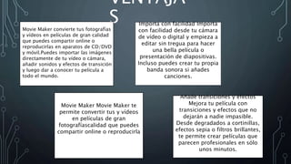 VENTAJA
S Importa con facilidad Importa
con facilidad desde tu cámara
de vídeo o digital y empieza a
editar sin tregua para hacer
una bella película o
presentación de diapositivas.
Incluso puedes crear tu propia
banda sonora si añades
canciones.
Movie Maker convierte tus fotografías
y vídeos en películas de gran calidad
que puedes compartir online o
reproducirlas en aparatos de CD/DVD
y móvil.Puedes importar las imágenes
directamente de tu vídeo o cámara,
añadir sonidos y efectos de transición
y luego dar a conocer tu película a
todo el mundo.
Añade transiciones y efectos
Mejora tu película con
transiciones y efectos que no
dejarán a nadie impasible.
Desde degradados a cortinillas,
efectos sepia o filtros brillantes,
te permite crear películas que
parecen profesionales en sólo
unos minutos.
Movie Maker Movie Maker te
permite convertir tus y vídeos
en películas de gran
fotografíascalidad que puedes
compartir online o reproducirla
en dispositivos de CD/DVD y
móviles.
 