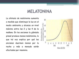 MELATONINA
La síntesis de melatonina aumenta
a medida que disminuye la luz en el
medio ambiente y alcanza un nivel
máximo entre las 2 y las 4 de la
mañana. En los ancianos la glándula
pineal produce menos melatonina, lo

que tal vez explica por qué los
ancianos duermen menos por la
noche

y más a

menudo

afectados por insomnio.

están

 